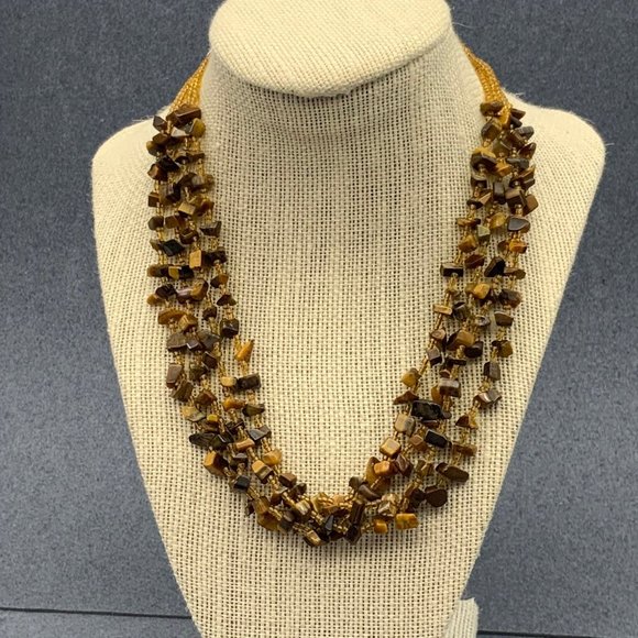Jewelry - Brown Amber MOP Necklace Four Strand Seed Bead Shell Silver Chunky Organic